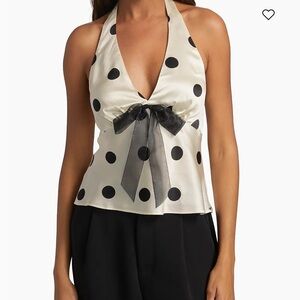 Reformation Black and Cream Polka Dot Halter Top